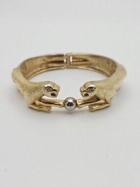 VTG CHUNKY GOLD TONE DOUBLE PANTHER HINGED CUFF BRACELET Collectible